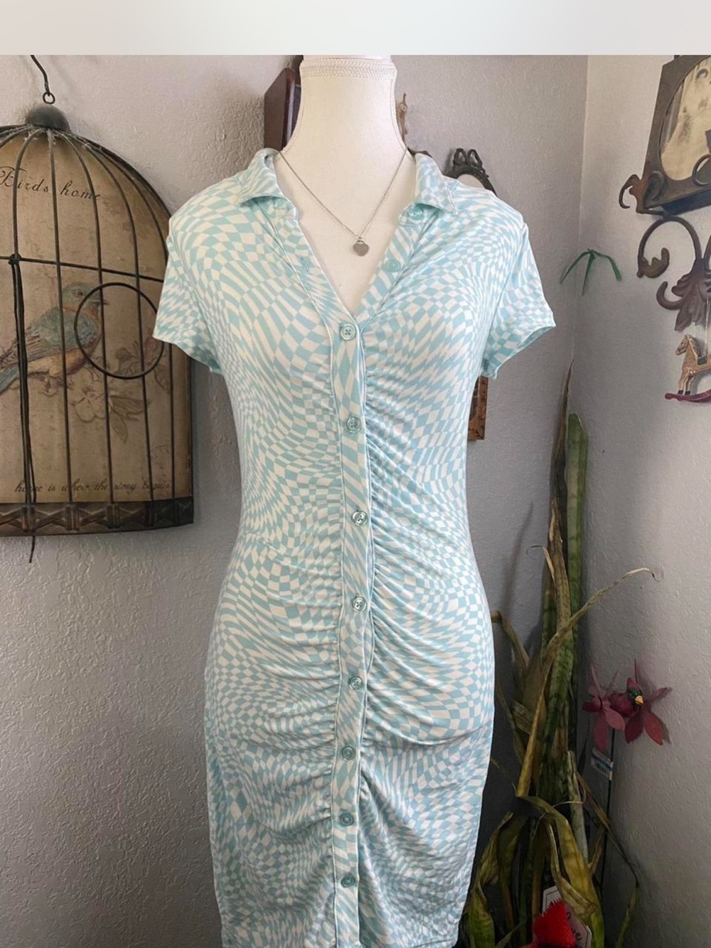 Light Blue Patterned Midi Button-Front Dress